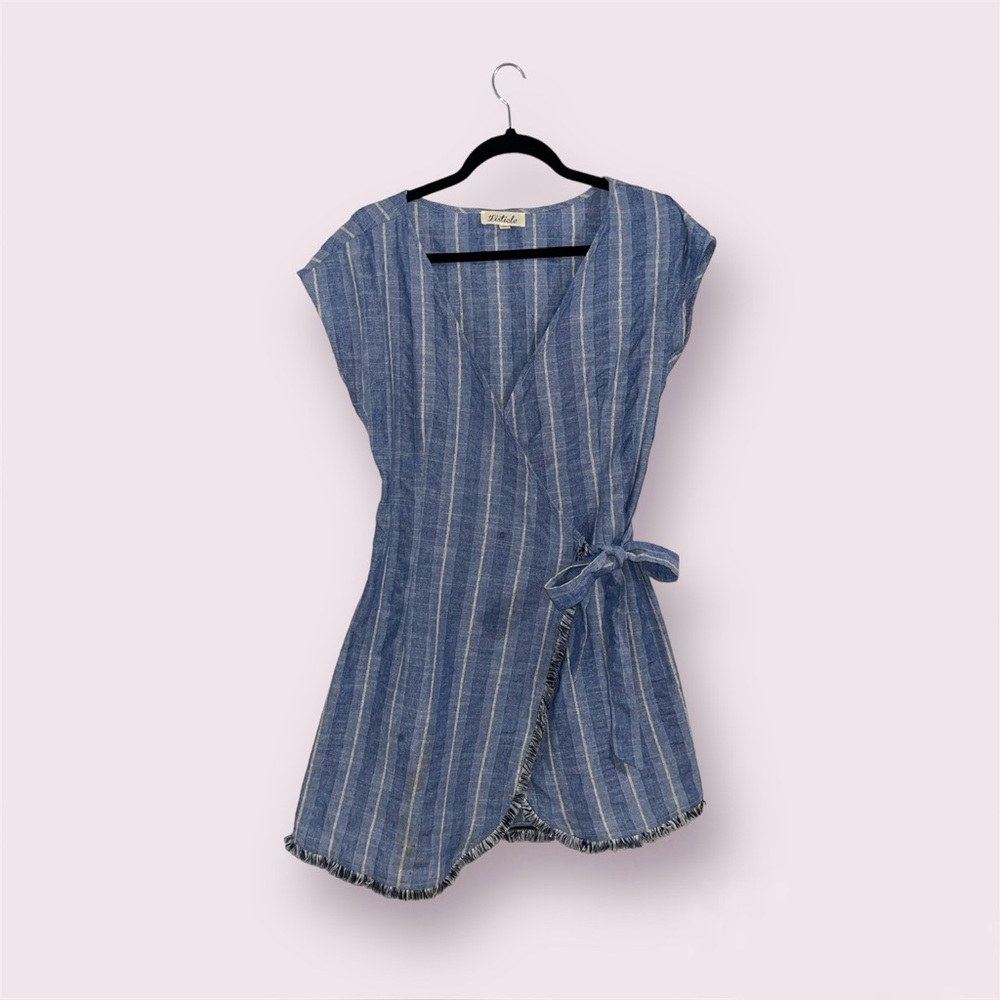 Blue striped denim style fringe wrap dress. Size Medium